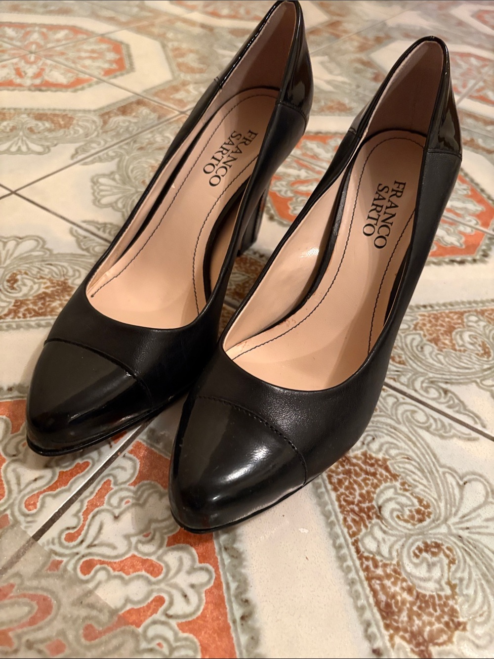 Franco Sarto Black Leather Cap-Toe Pumps